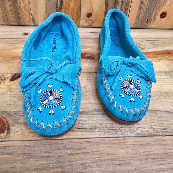 MINNETONKA Turquoise Me to We Maasai Suede Leather Moccasins‎ Size 8 - Picture 2 of 6